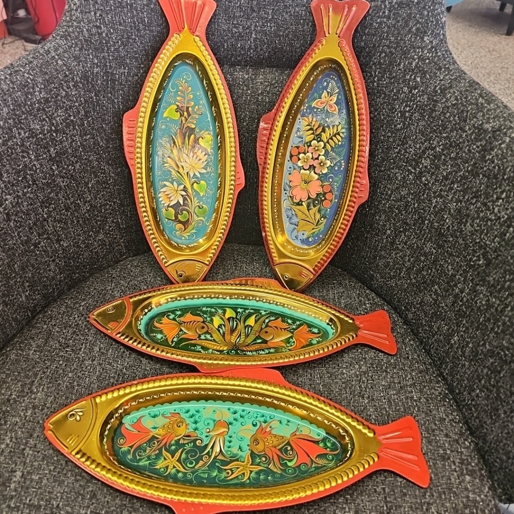Vintage 1995 Russian Stainless Steel Silver Plated Painted Fish Trinket Trays